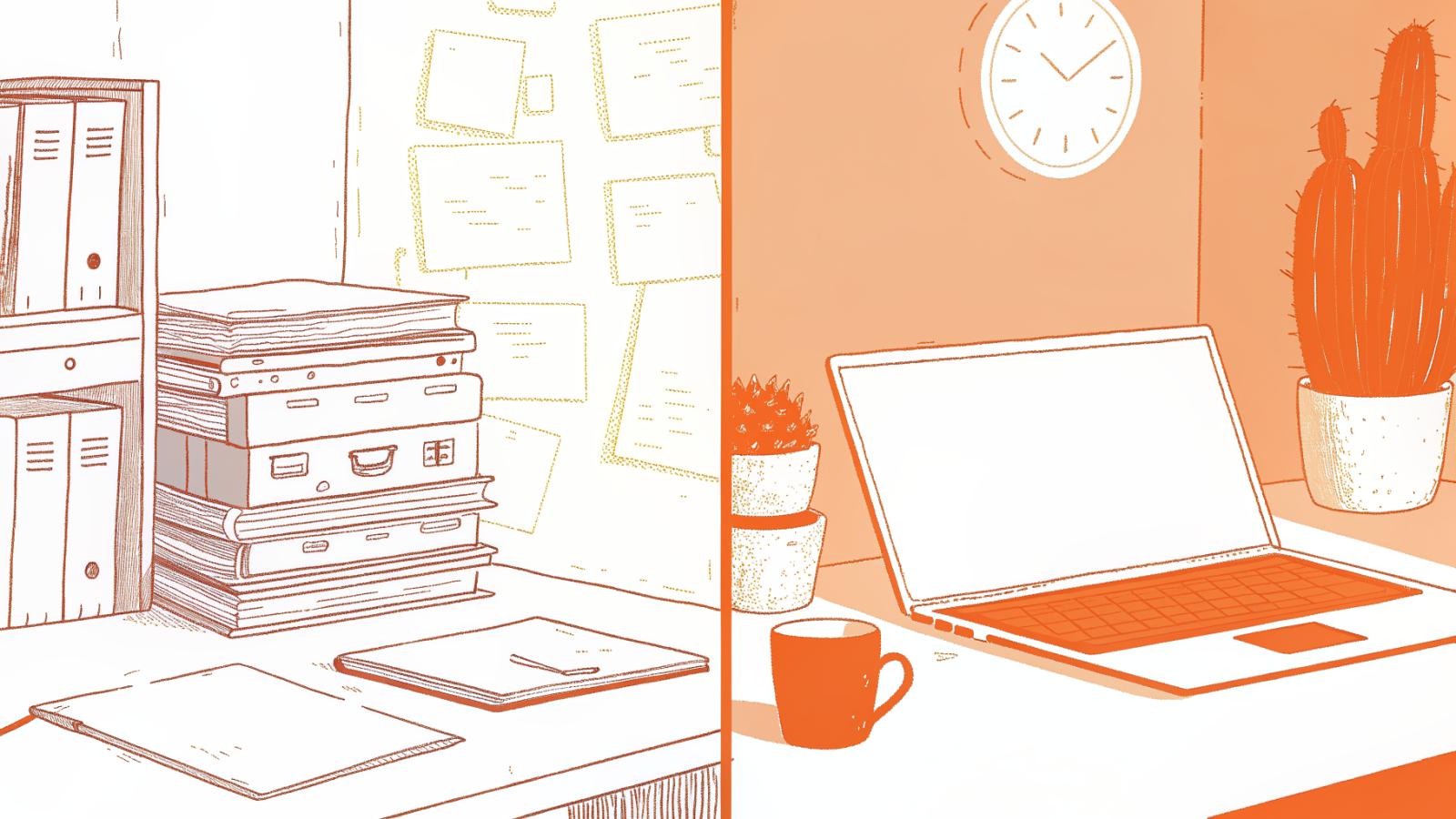Cluttered manual paralegal desk contrasted with a clean AI-assisted legal drafting workspace