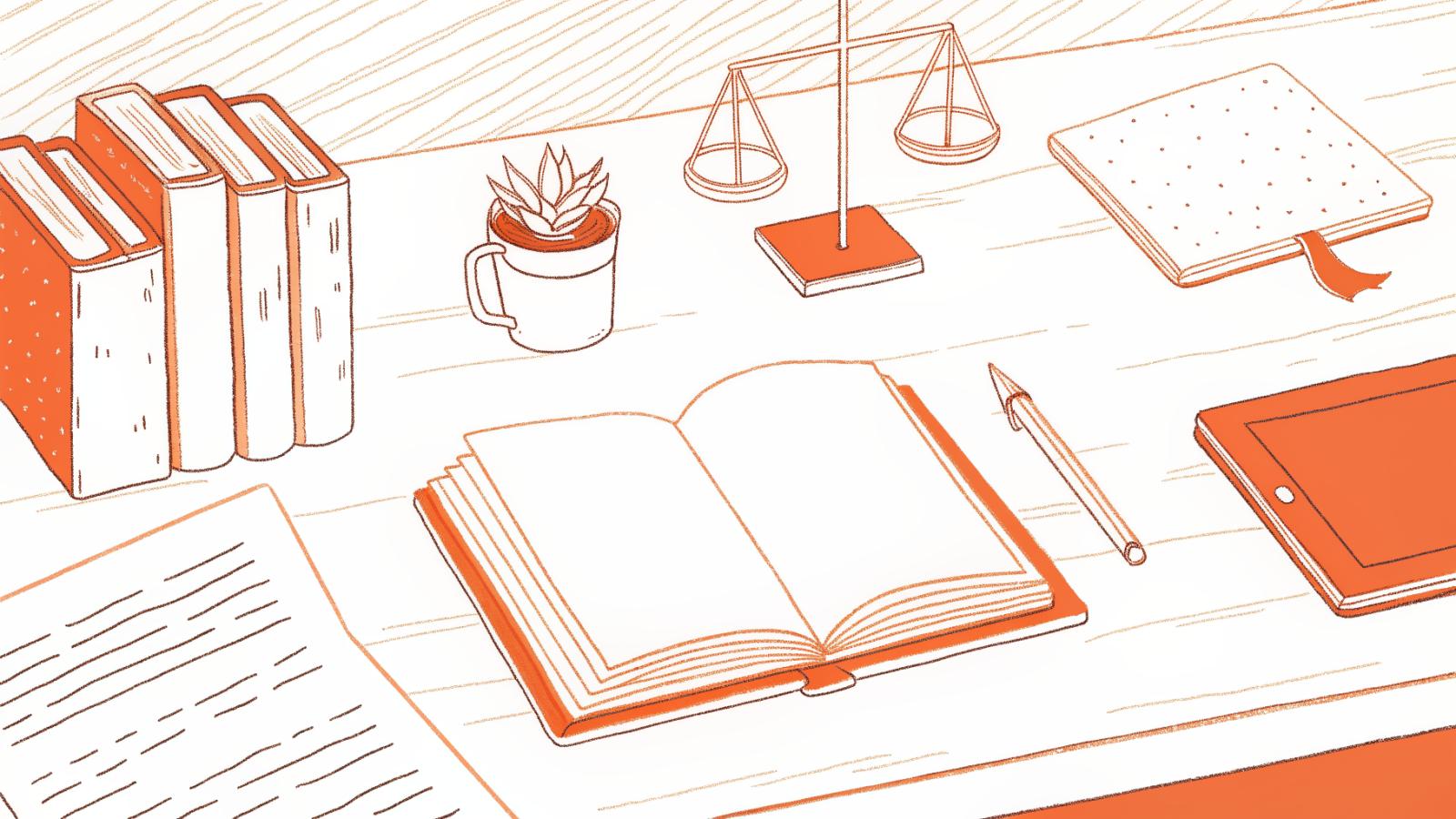 Solo lawyer's desk with two law books, a scales figurine, and a glowing AI panel comparing legal platforms