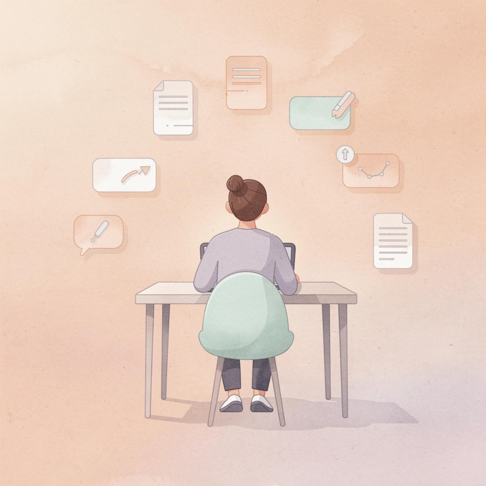 Attorney at desk managing intake emails and documents with floating digital UI elements