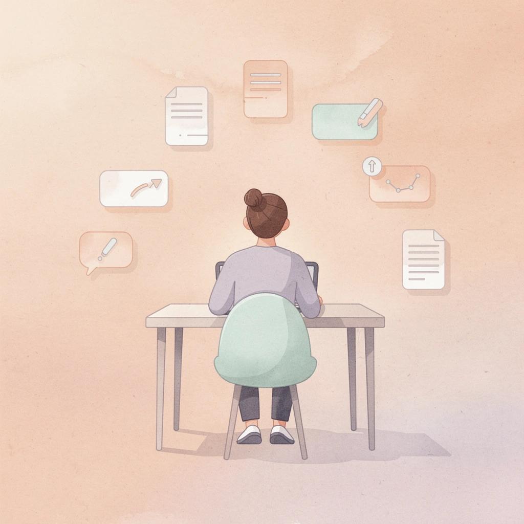 Attorney at desk managing intake emails and documents with floating digital UI elements