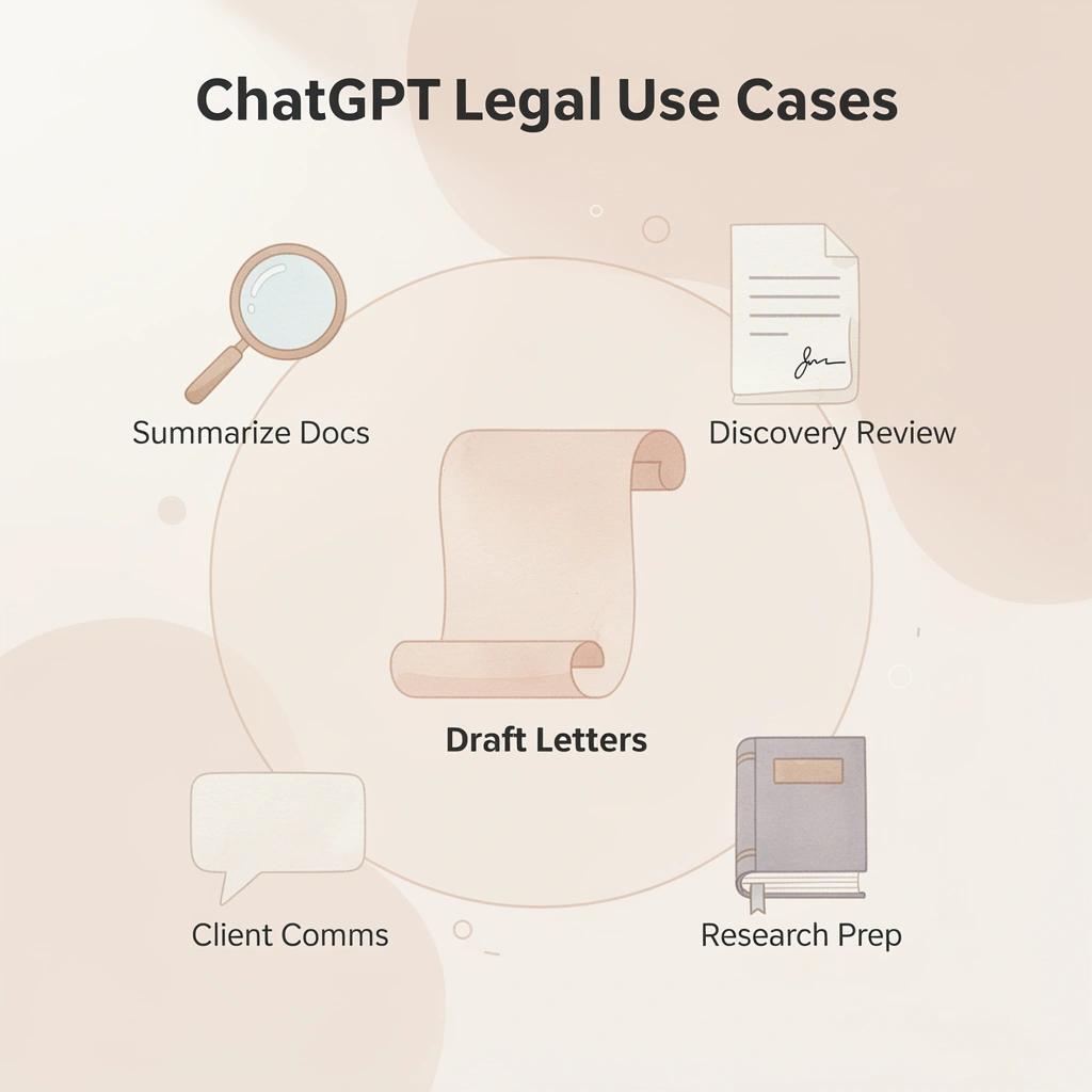 Hub and spoke infographic showing ChatGPT at center with five legal task categories