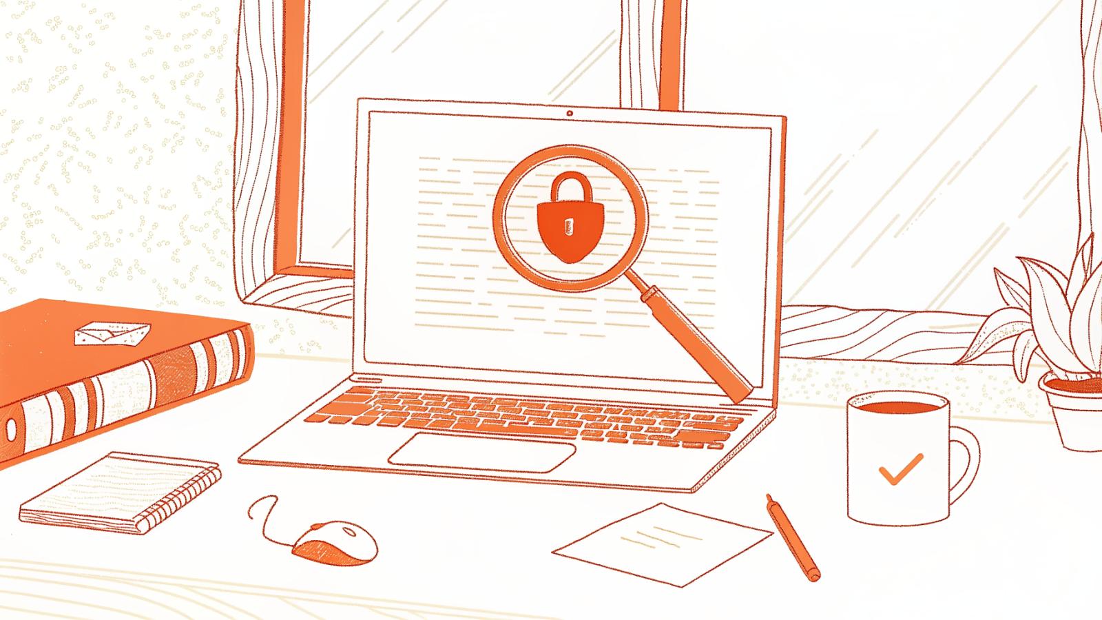 Solo attorney's desk with legal document, magnifying glass revealing hidden clause error, and security padlock