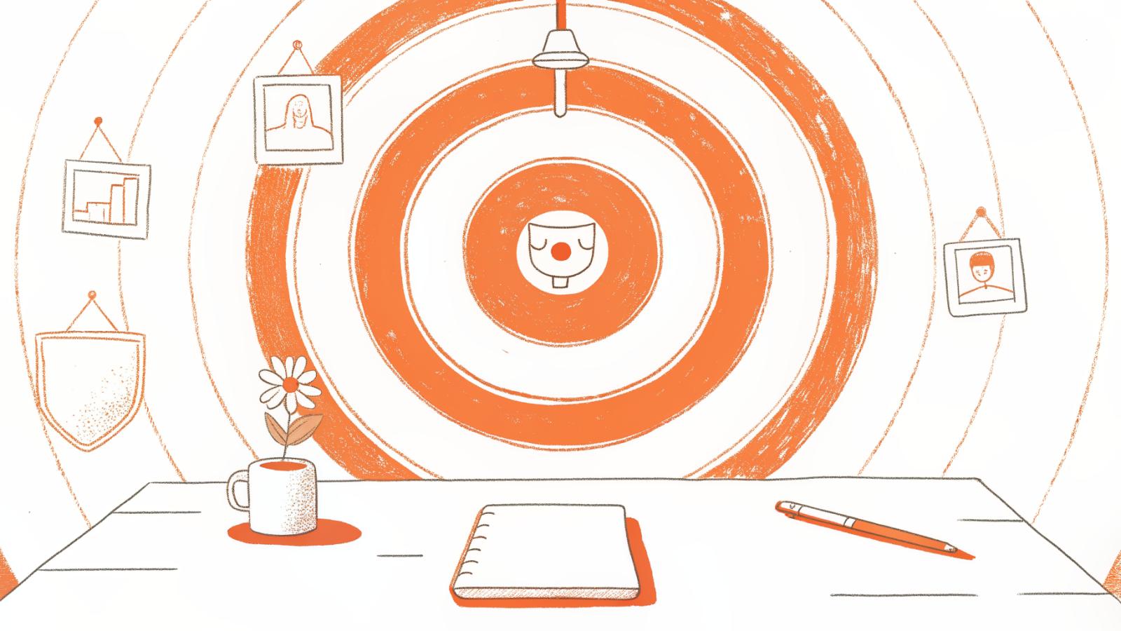 Solo attorney's desk with app-selection target centered on gavel and shield icons