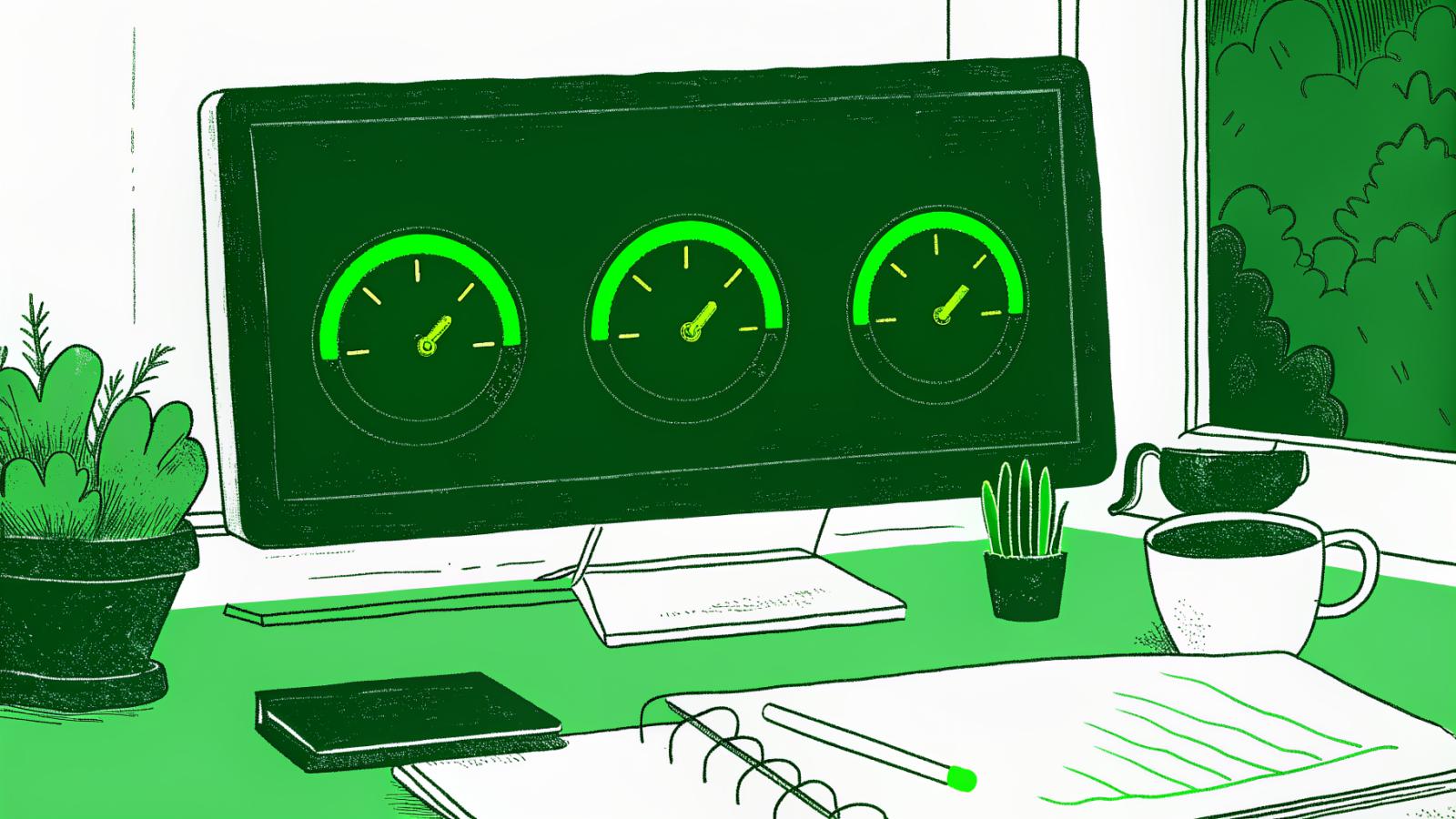 Law firm productivity dashboard with three KPI gauges and a canary figurine on monitor