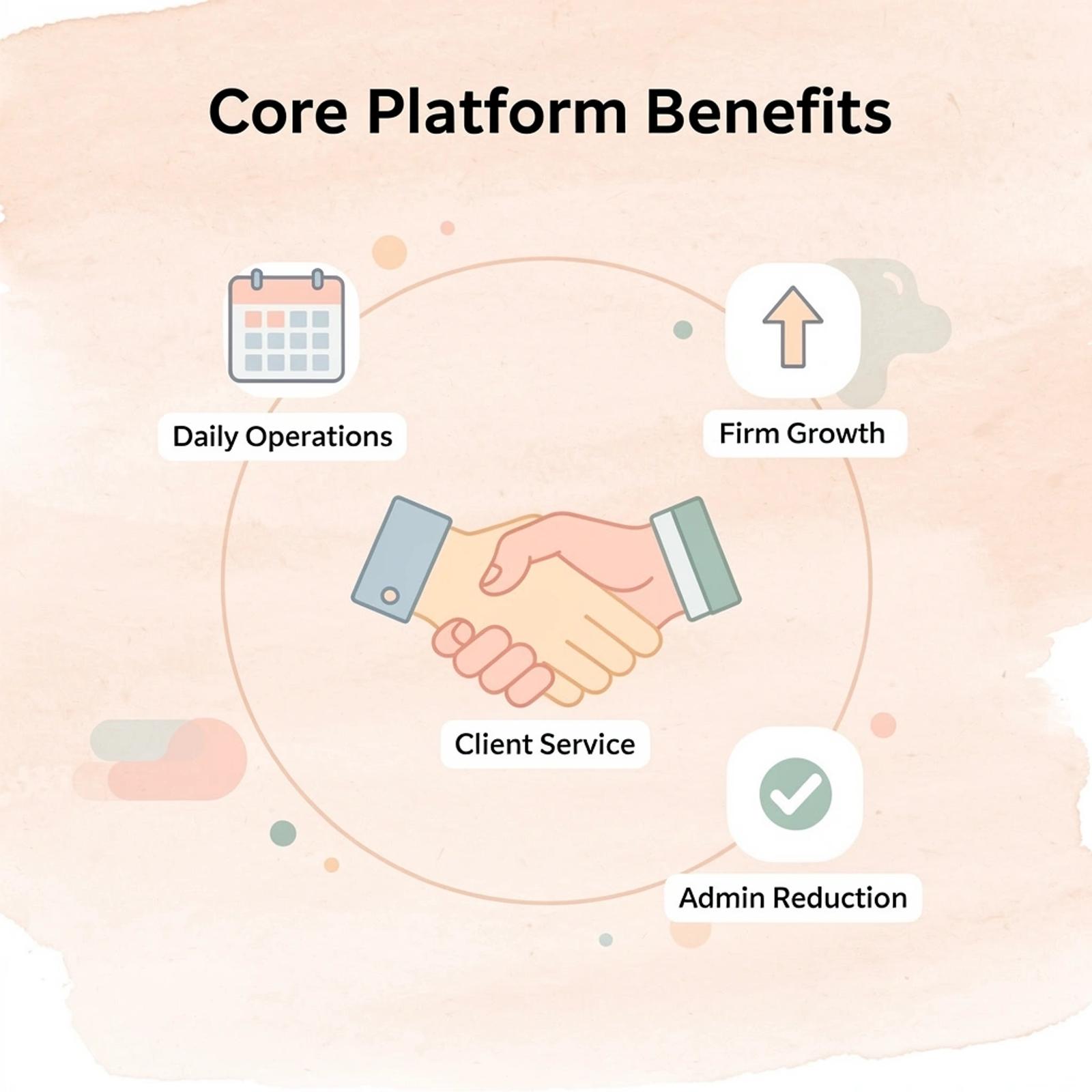 Hub and spoke infographic showing core benefits of law practice management software
