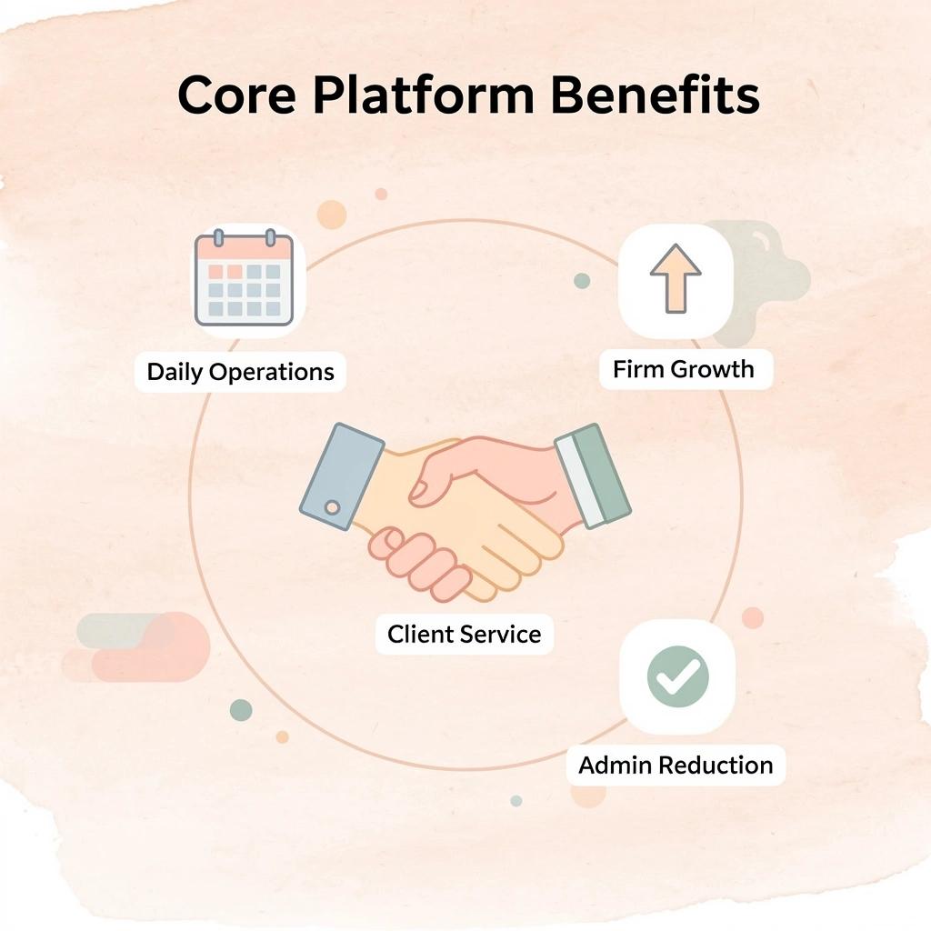Hub and spoke infographic showing core benefits of law practice management software