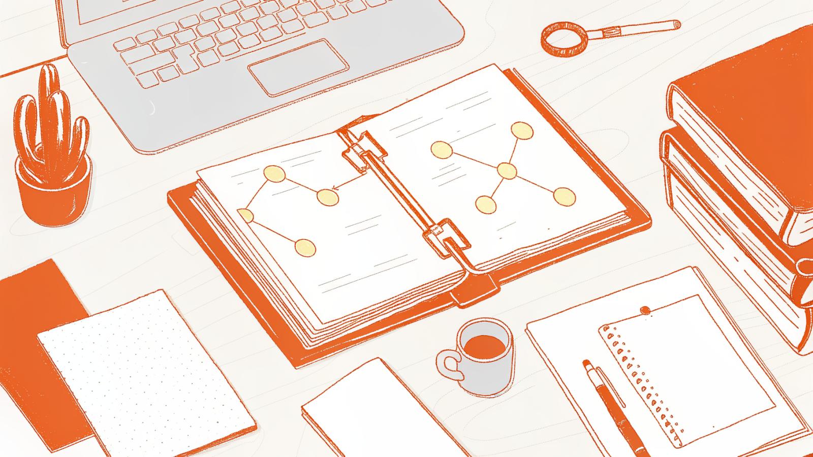 AI legal research desk with case files, magnifying glass, and abstract glowing panel