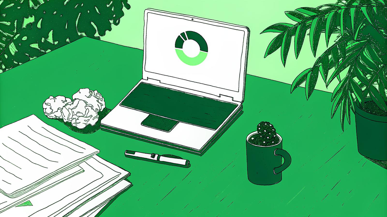 Solo attorney desk with donut chart showing small billable slice amid legal folders