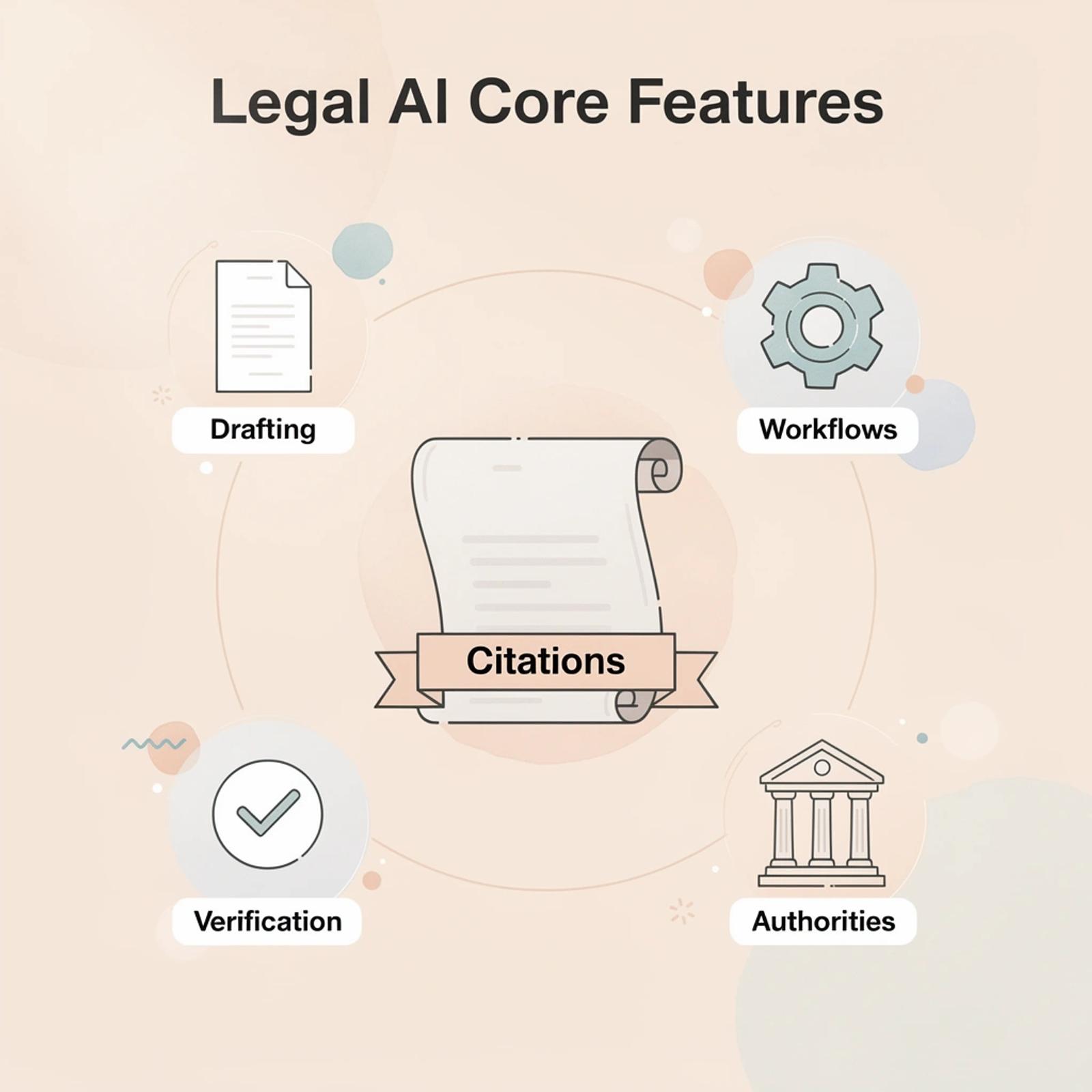 Hub and spoke infographic showing core features of a legal AI platform