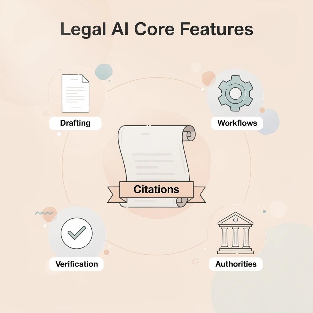 Hub and spoke infographic showing core features of a legal AI platform