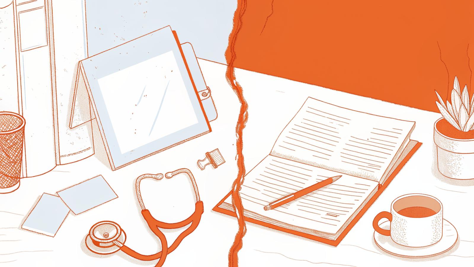 Split scene contrasting clinical case management folder and stethoscope with legal gavel and court file