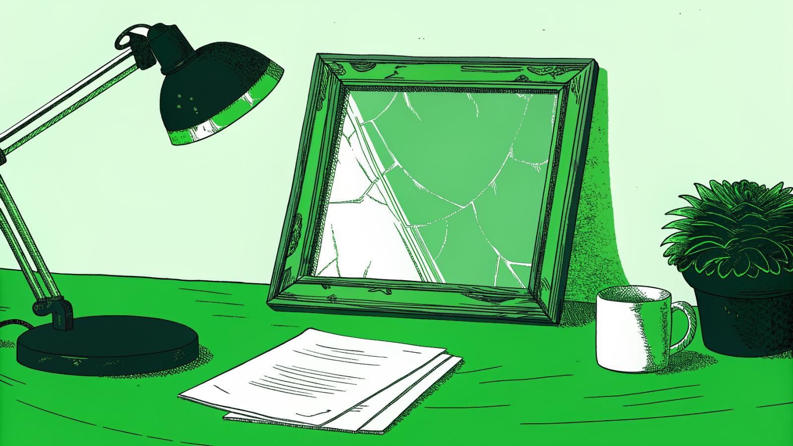 Solo lawyer inspecting a legal document that cracks open revealing nothing beneath