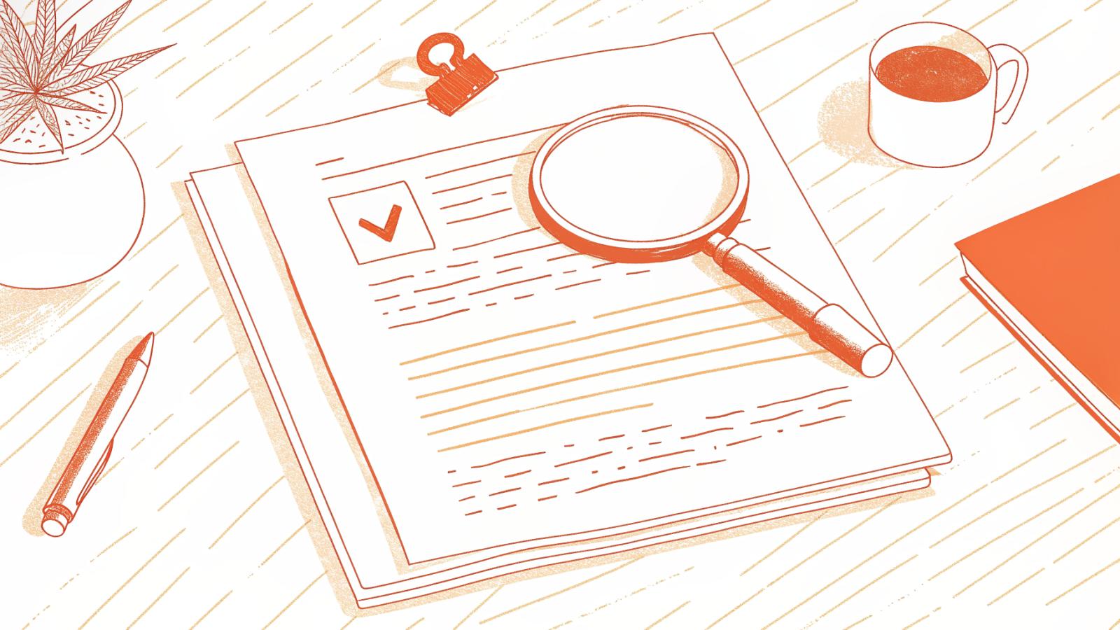 Attorney reviewing AI-generated legal research document with magnifying glass on desk