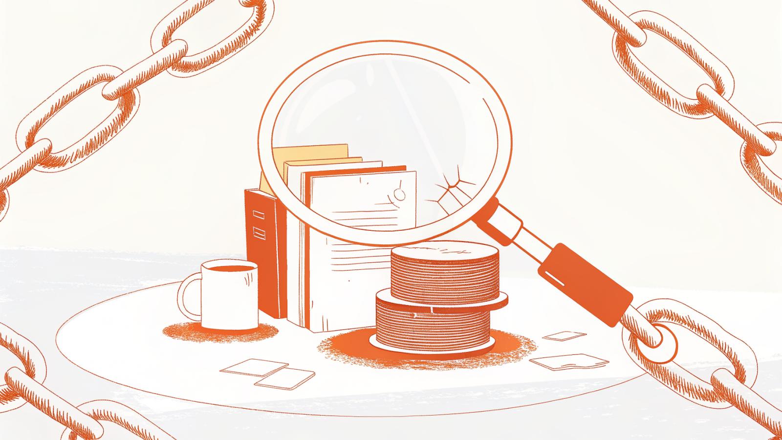 Magnifying glass over layered legal source documents with citation links radiating outward