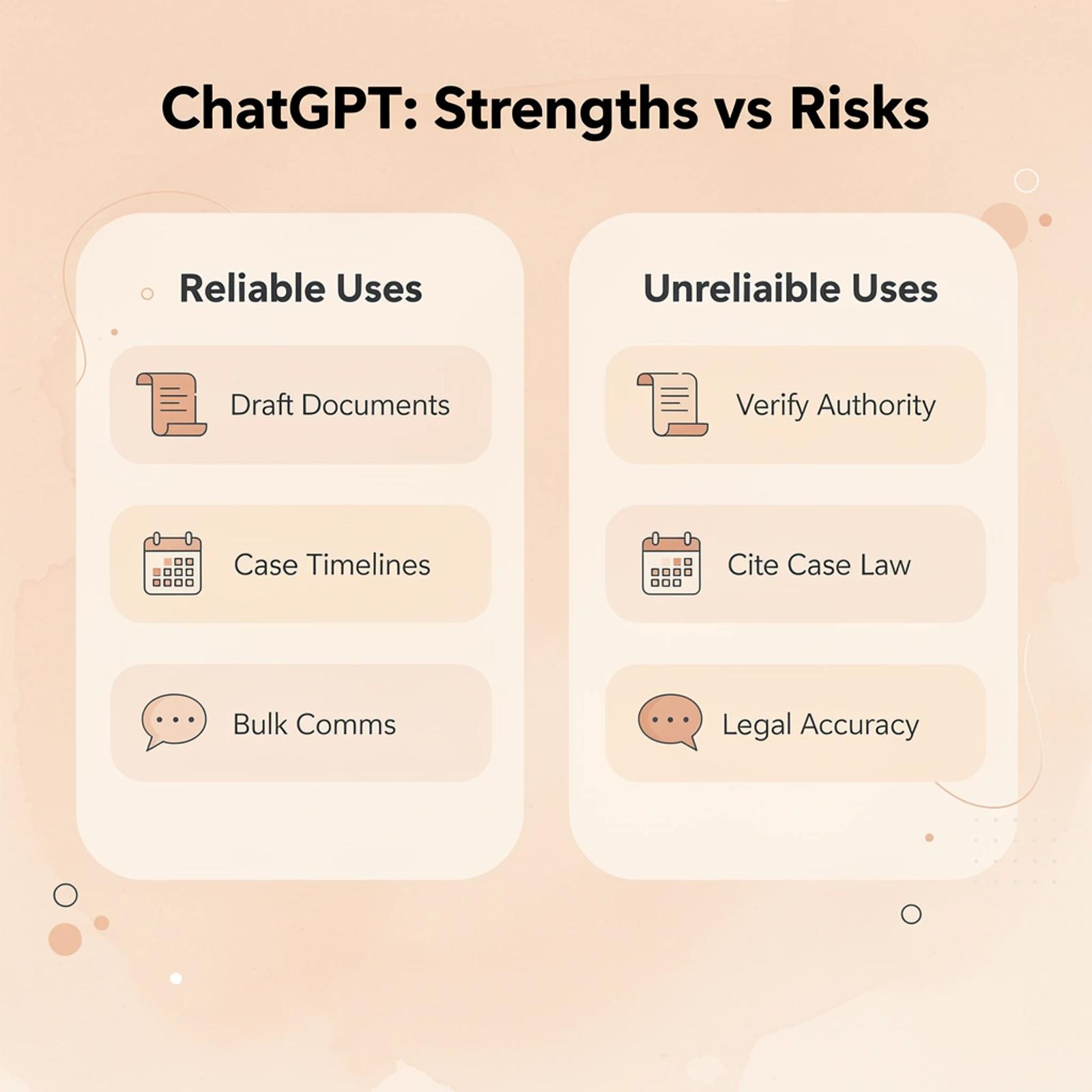 Two-column comparison of reliable vs unreliable ChatGPT uses for personal injury lawyers