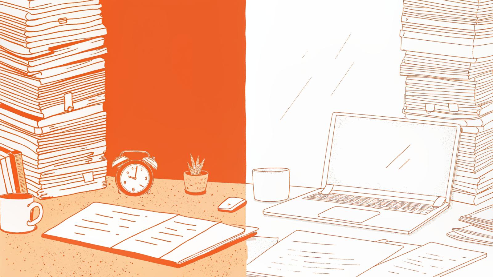 Paralegal desk transforms from discovery document pile to AI-drafted legal summary on laptop
