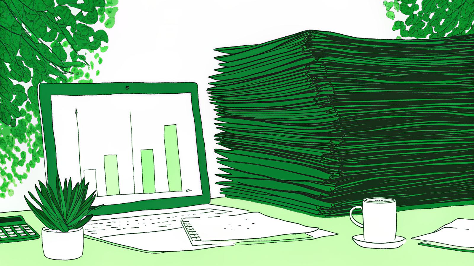 Attorney desk with small headline price dwarfed by a towering stack of hidden fee documents