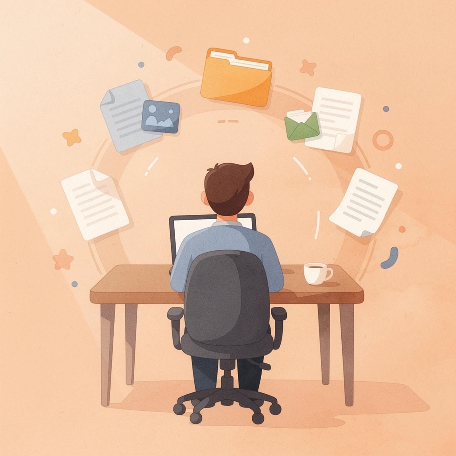 Scene of a legal professional at a desk using AI tools inside Microsoft Word with floating document elements