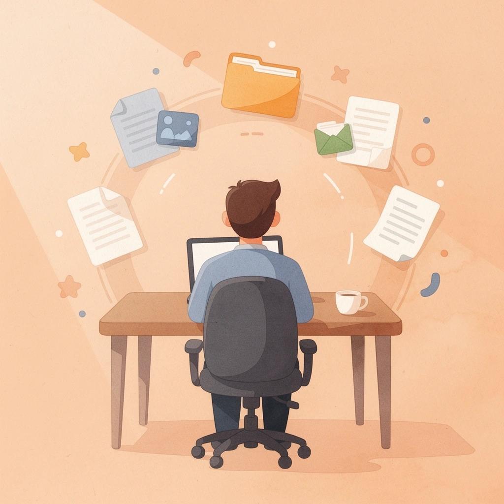 Scene of a legal professional at a desk using AI tools inside Microsoft Word with floating document elements