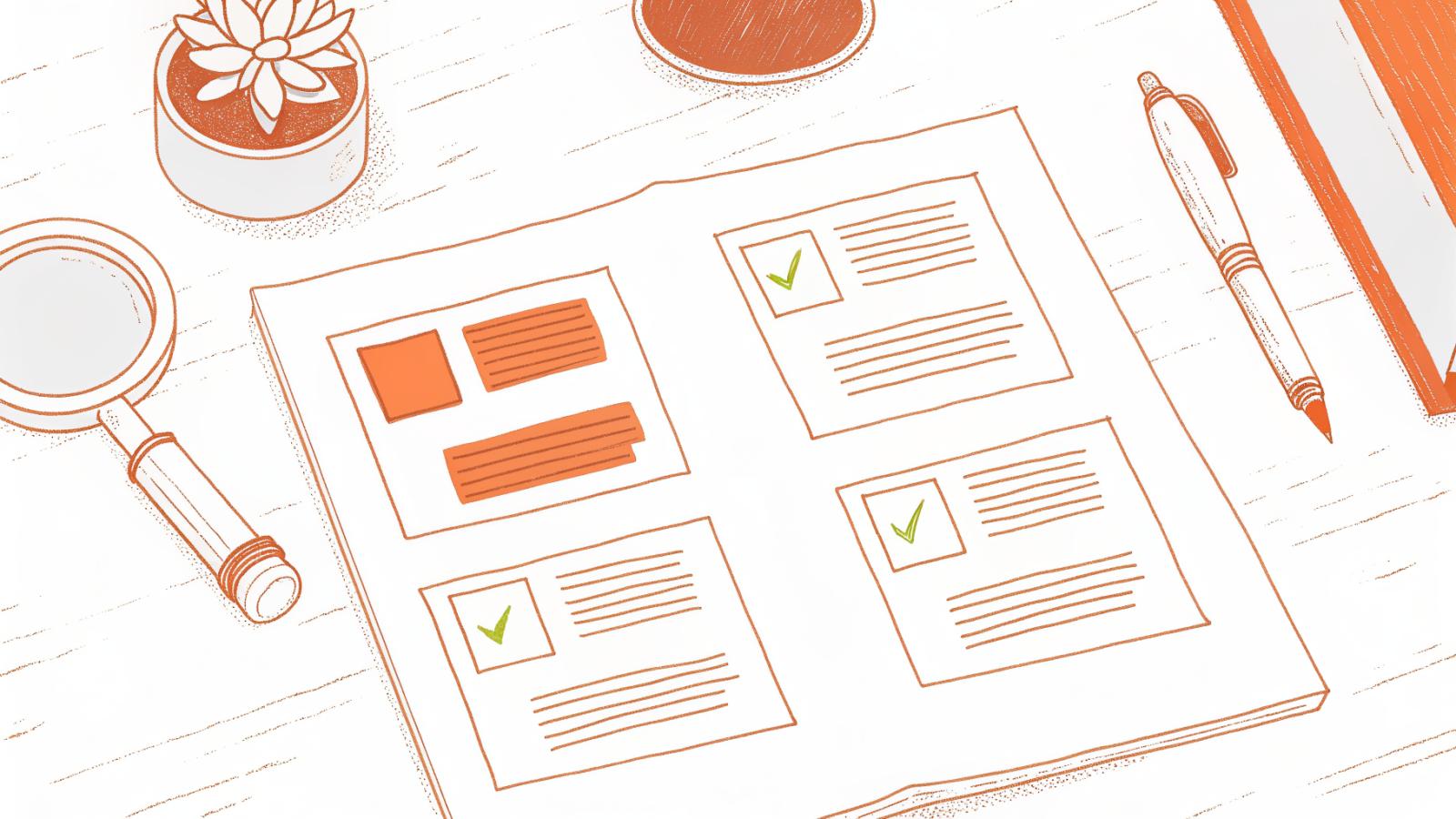 AI-flagged contract clauses on a desk with verification icons and coffee mug