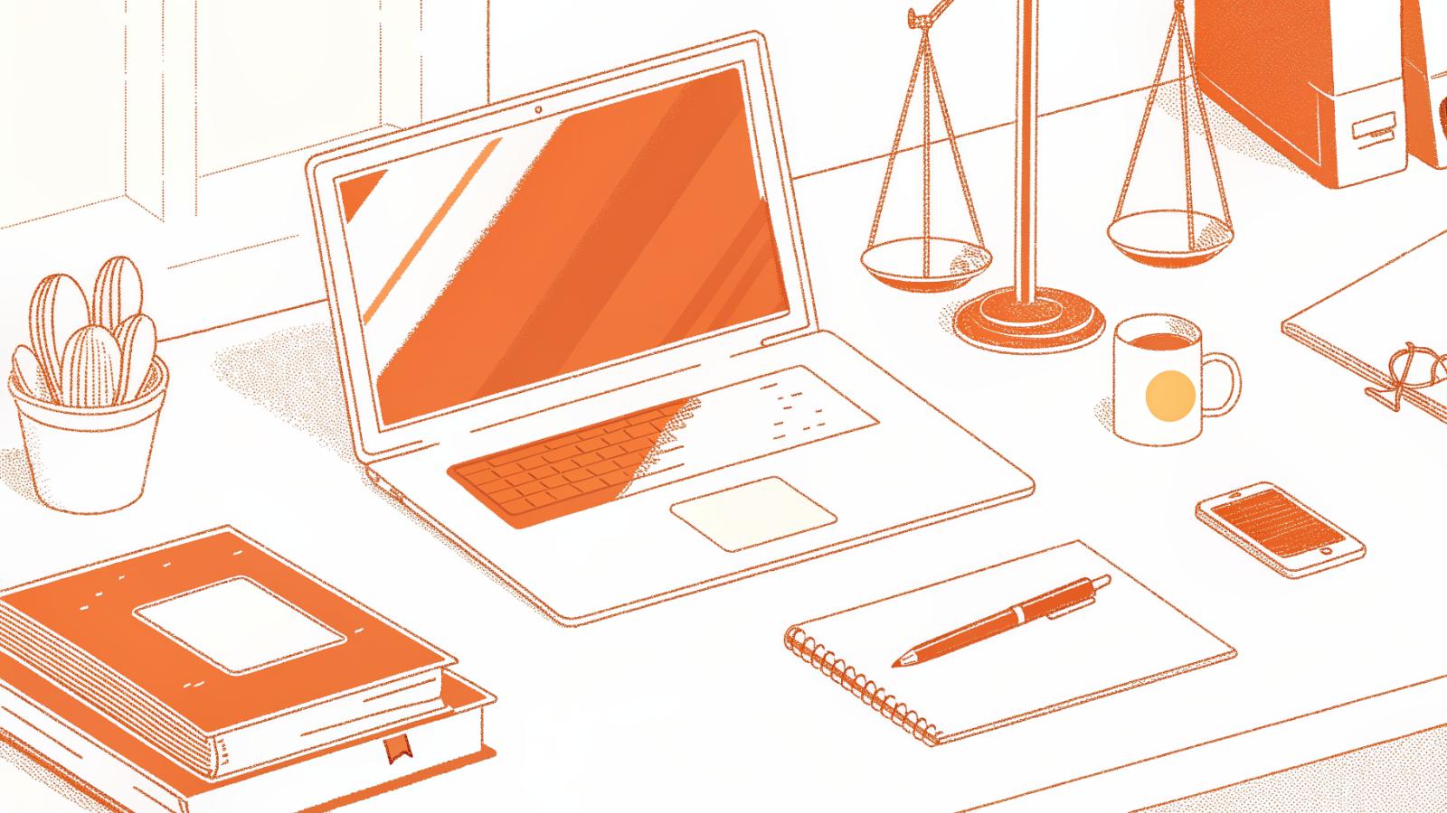 Solo attorney's organized desk with legal books, AI research panel, and productivity tools