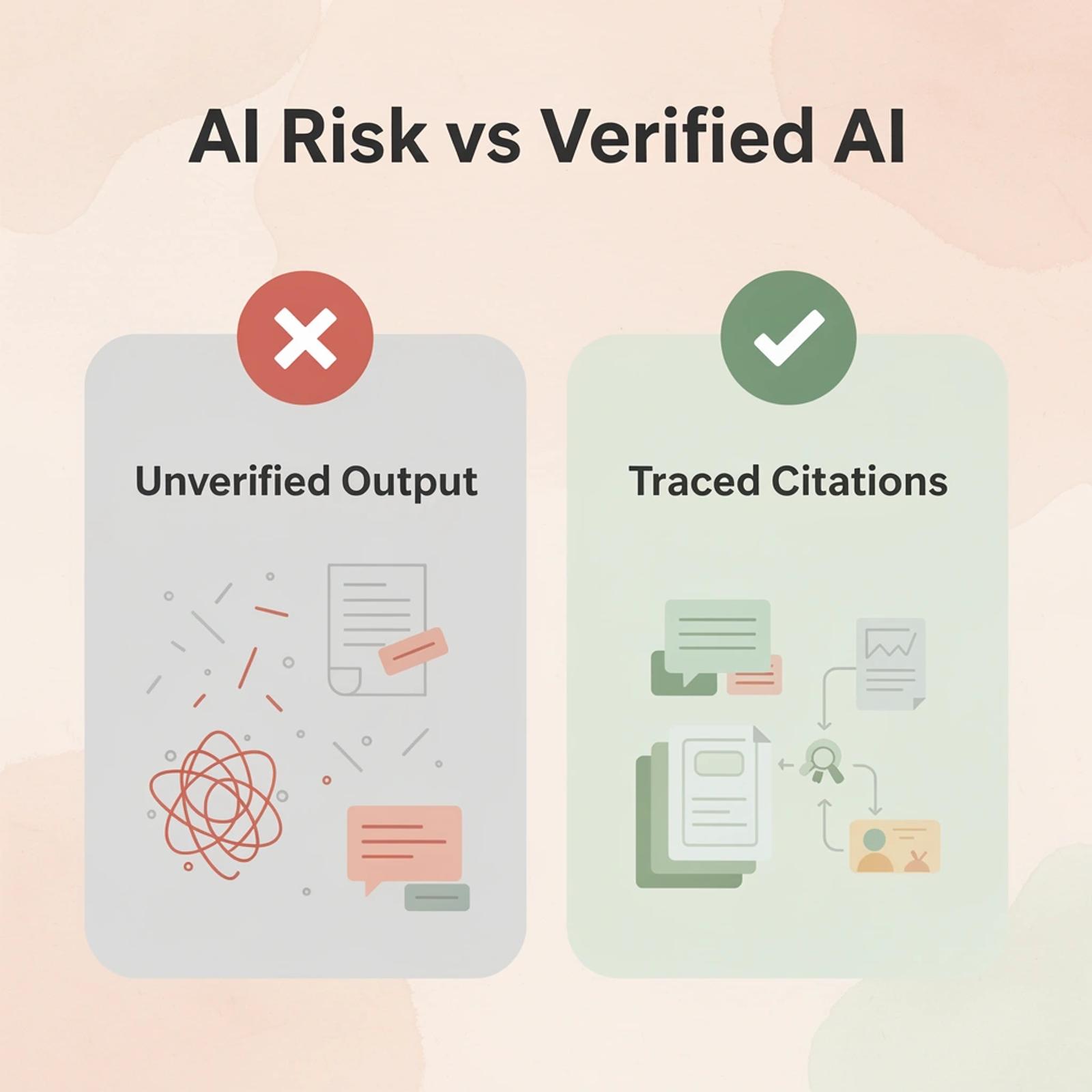 Before and after comparison of unverified AI output versus verified cited legal AI