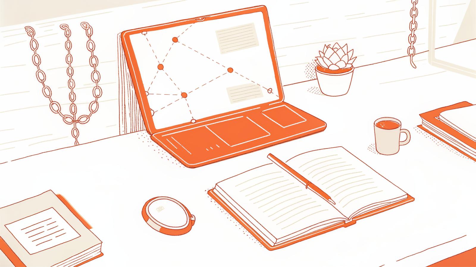 AI legal research desk with casebook, contract, magnifying glass, and abstract glowing agent panel