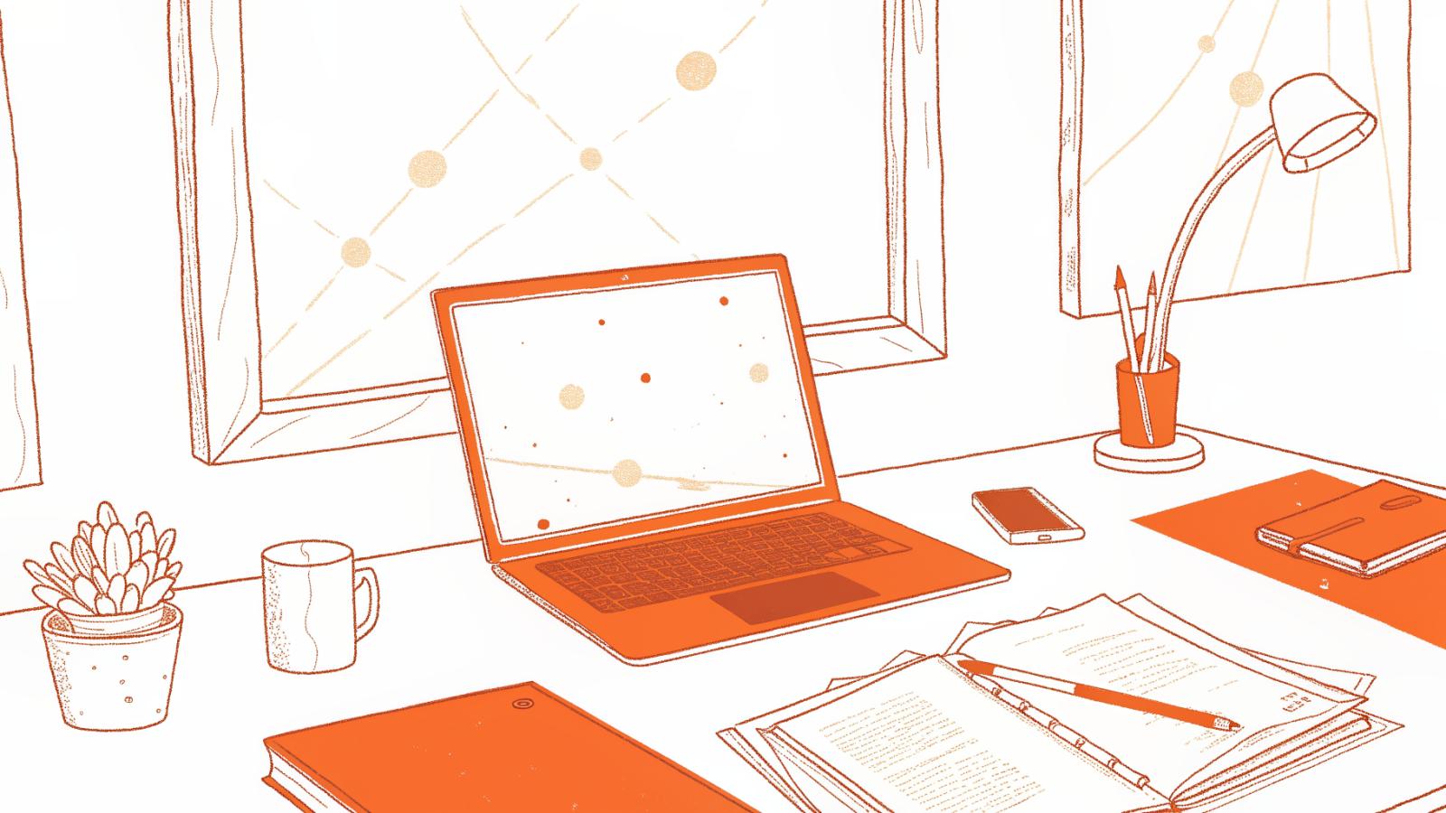Solo patent attorney desk with legal notepad, patent documents, magnifying glass, and glowing AI research panel