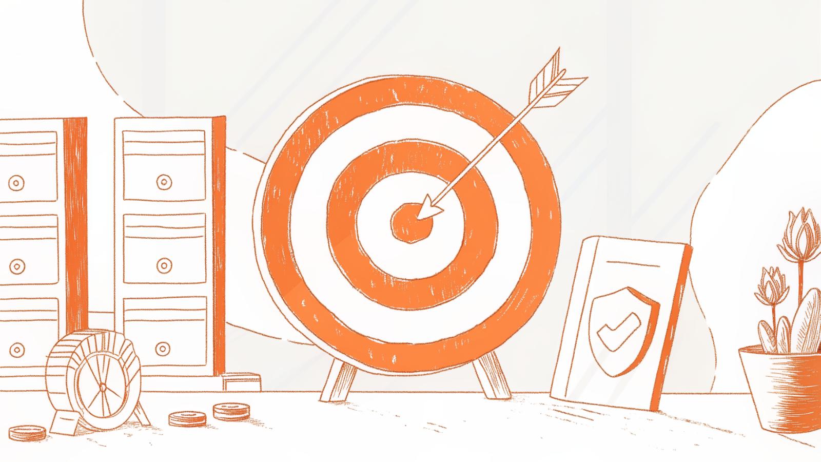 bullseye target with arrow landing center, contrasting enterprise server and verified legal document icons