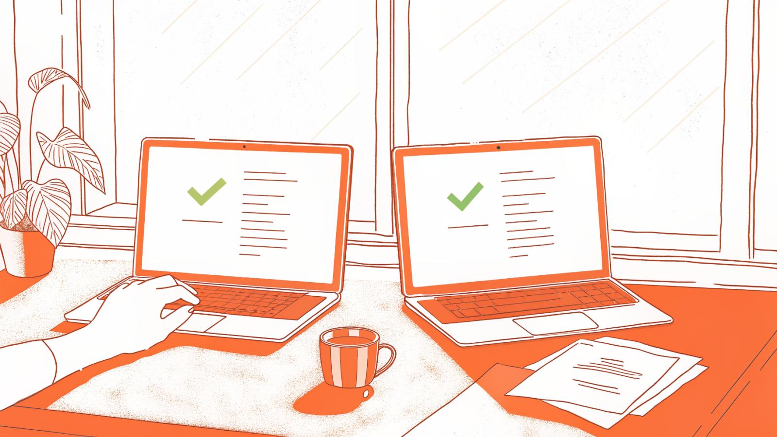In-house counsel laptop showing trusted contract redline beside cracked document with liability warning shield