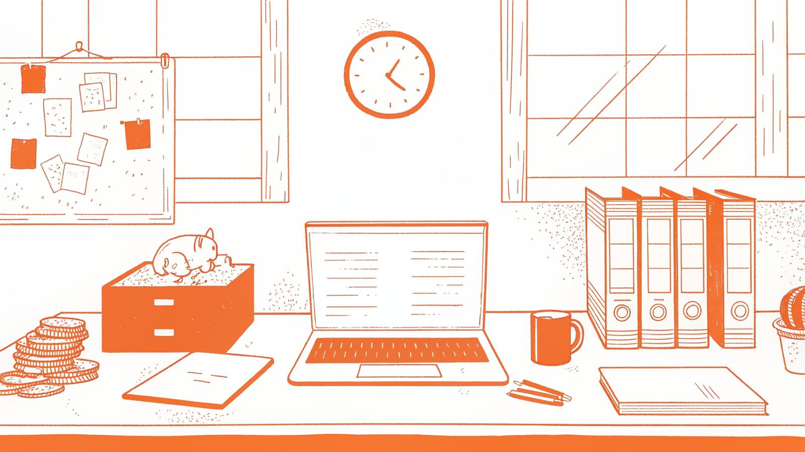Solo attorney's desk with spilled coins, invoice, and legal research laptop showing financial strain