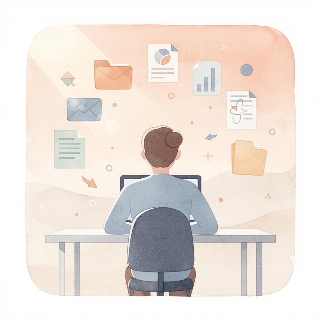 Scene of a lawyer working at a desk with AI-assisted document tools floating around them