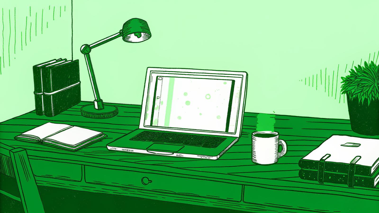 Small law firm desk with legal brief, magnifying glass, and glowing AI research panel