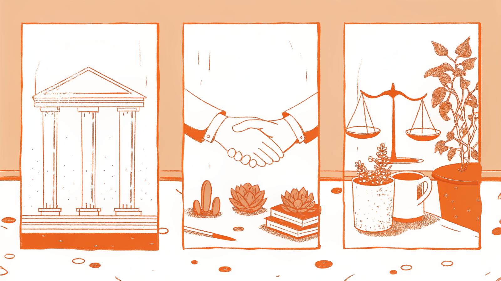 Three legal clause icons, jurisdiction, broken warranty handshake, and termination calendar, in card tiles