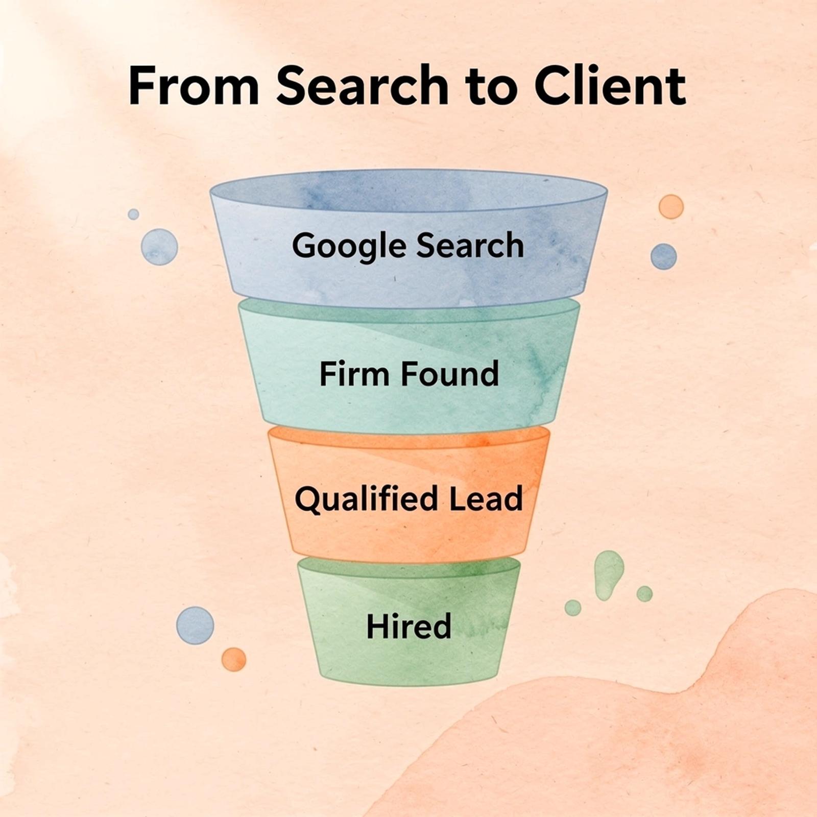 Funnel infographic showing stages from Google search to hired client