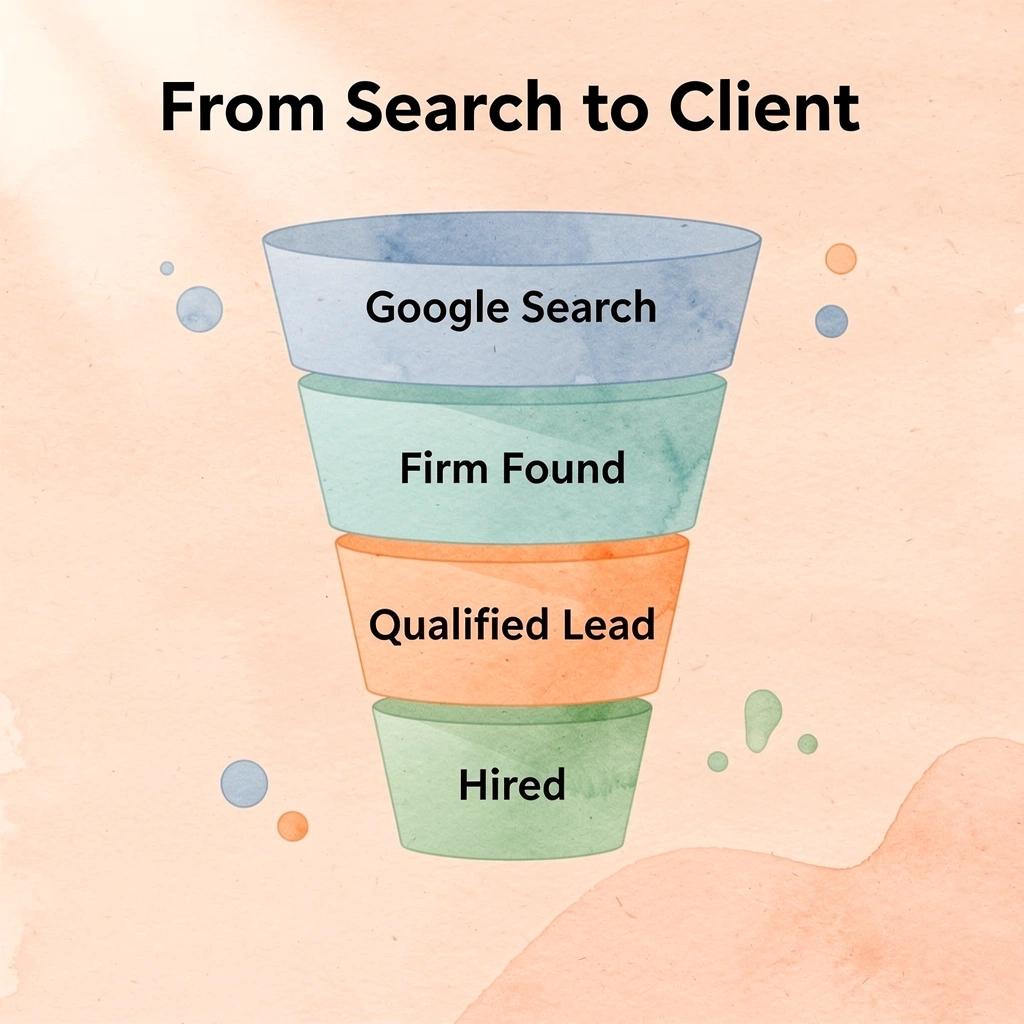 Funnel infographic showing stages from Google search to hired client