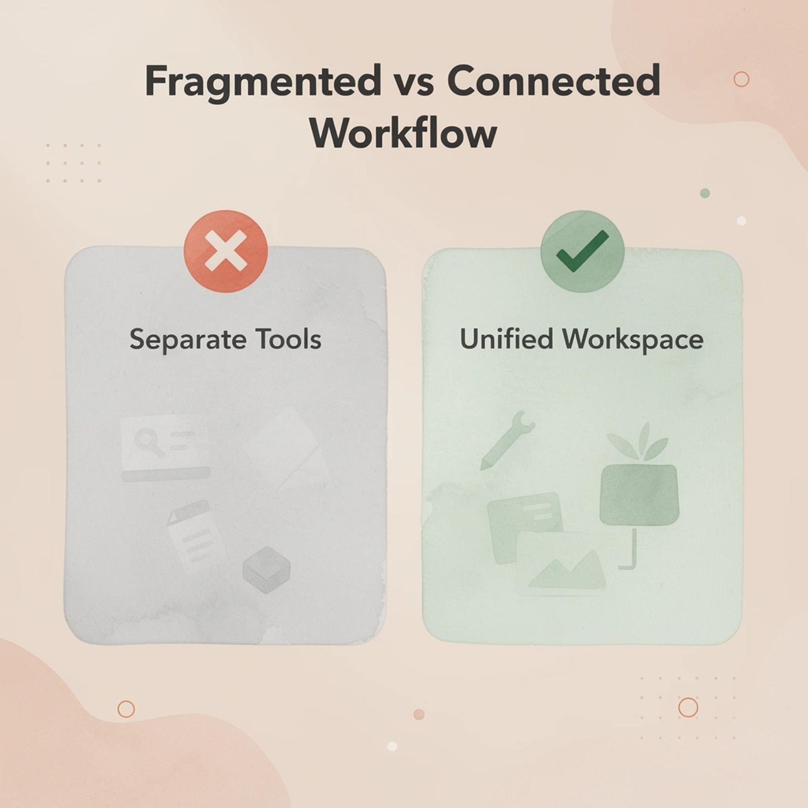Before and after infographic showing fragmented tools versus a connected legal workspace