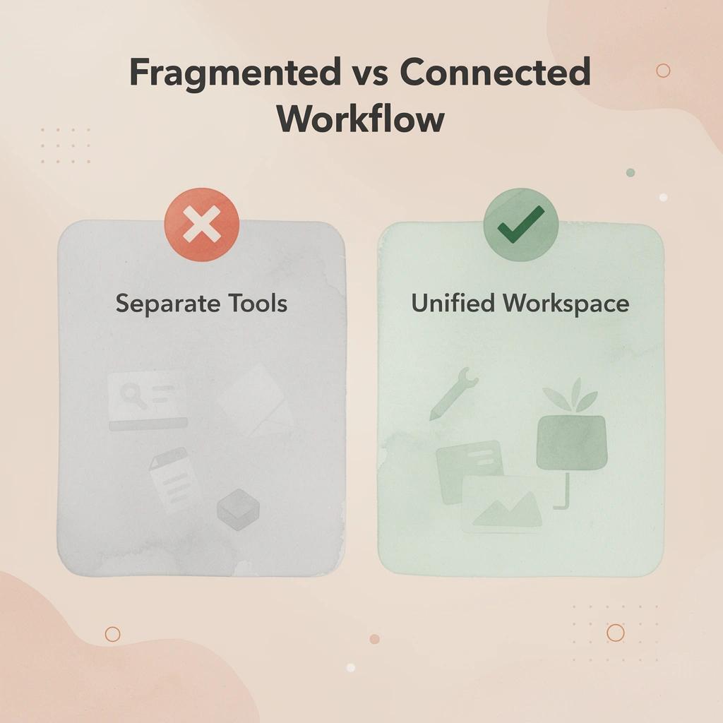 Before and after infographic showing fragmented tools versus a connected legal workspace
