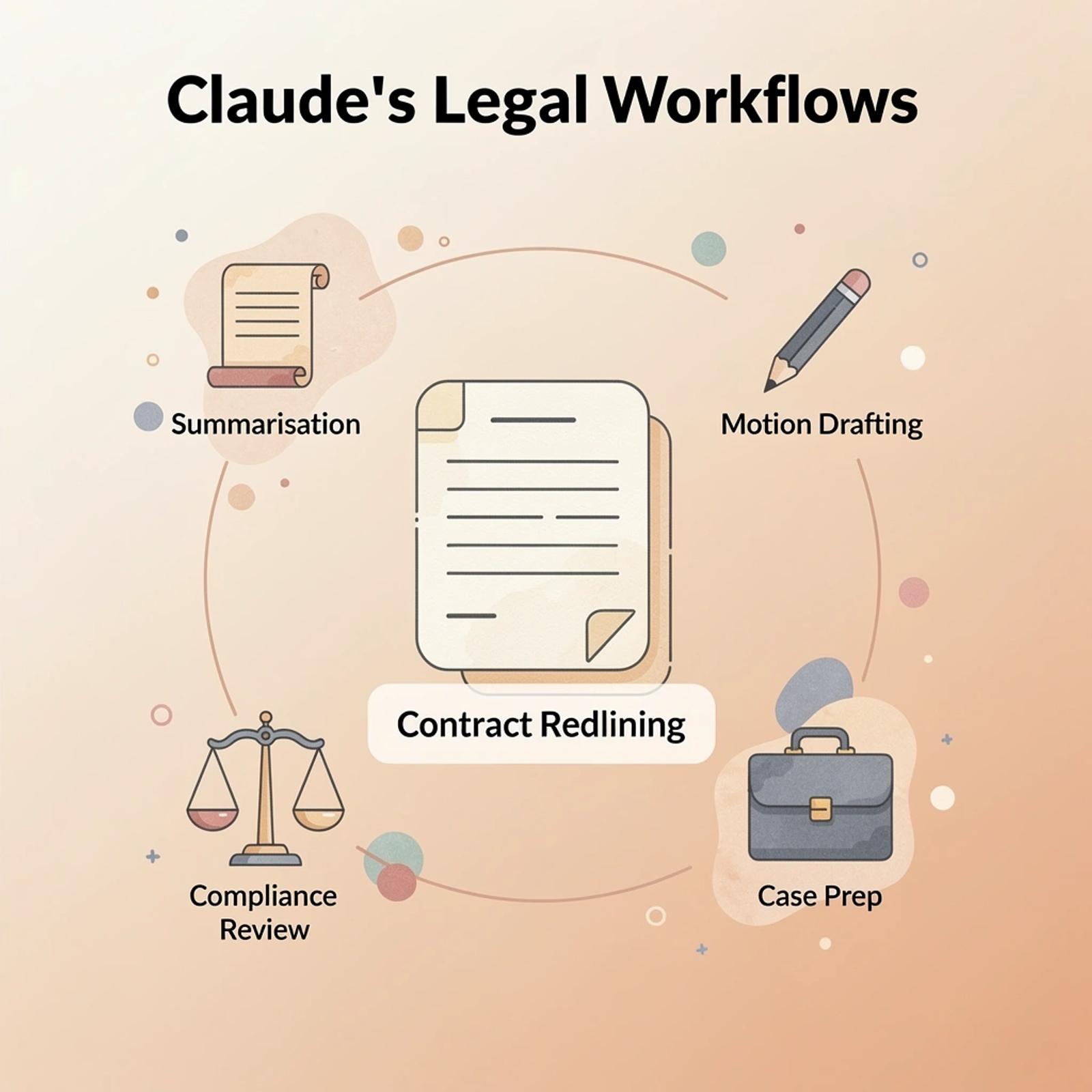 Hub and spoke diagram showing Claude AI connected to six legal workflows