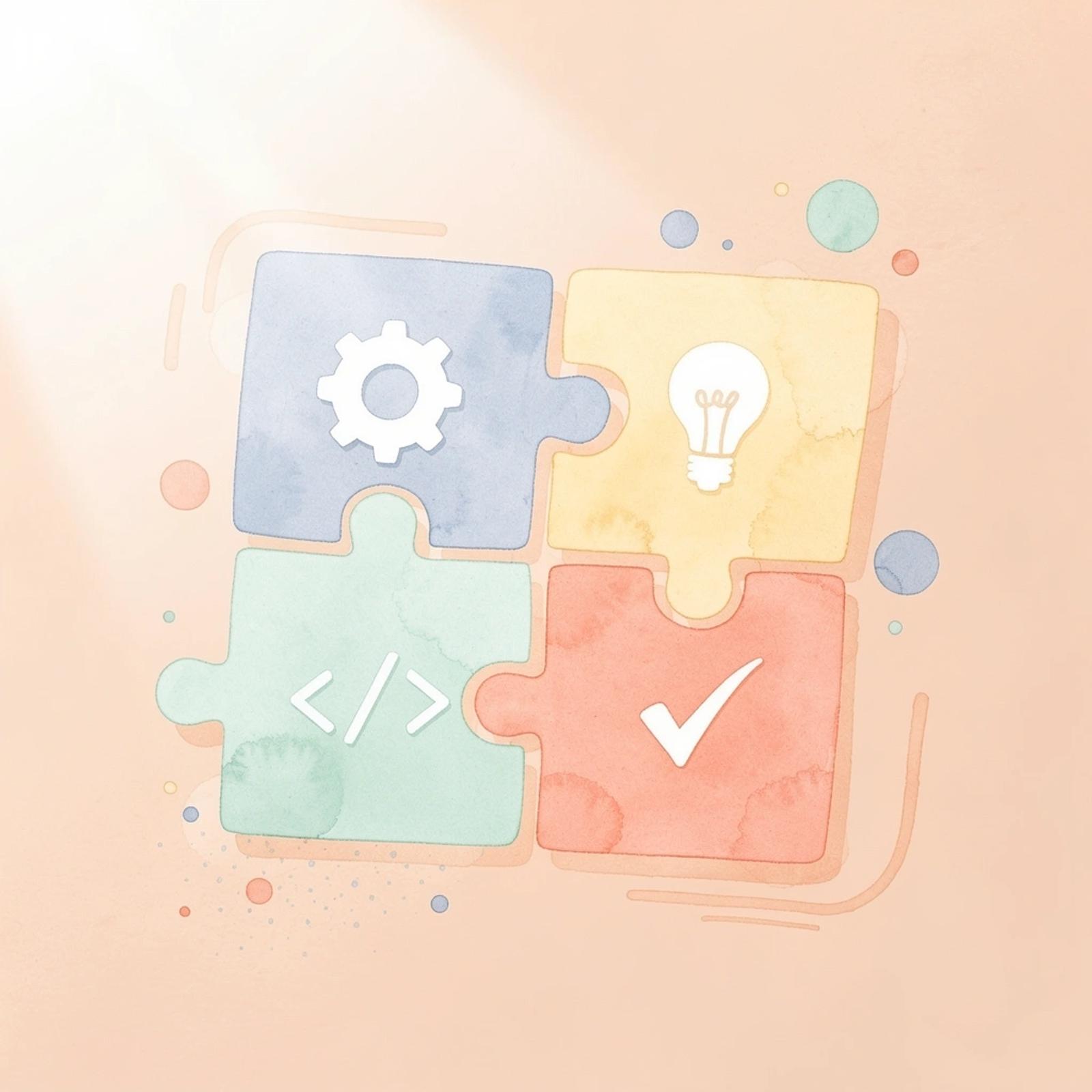 Scene illustration of puzzle pieces fitting together representing connected legal workflow tools