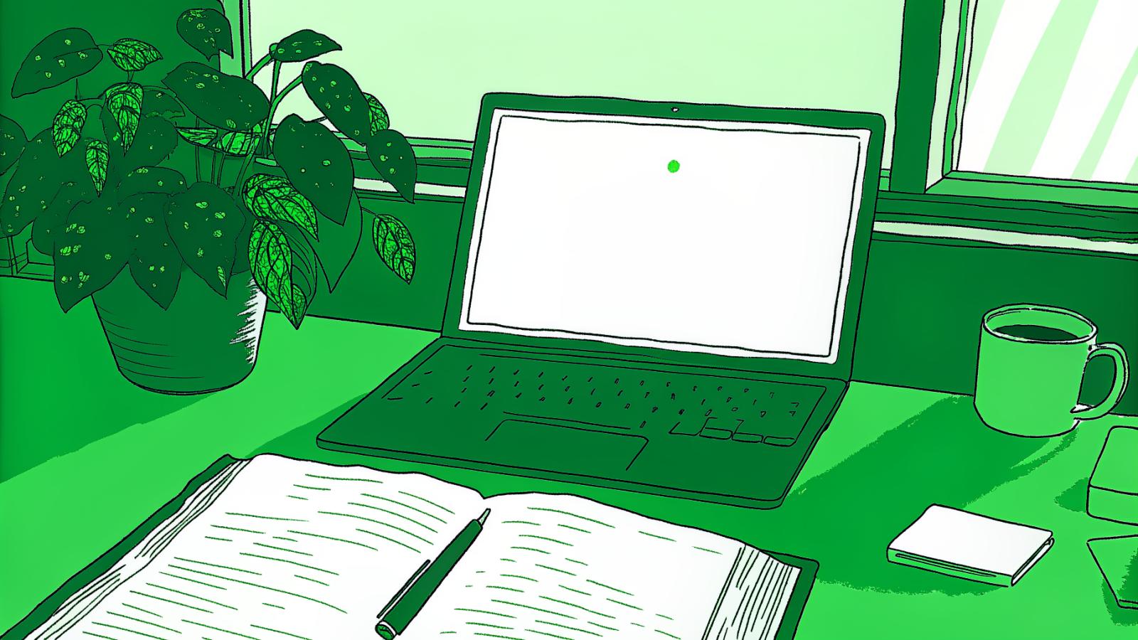 Paralegal desk with open deposition transcript, AI glowing panel laptop, legal notepad, and coffee mug