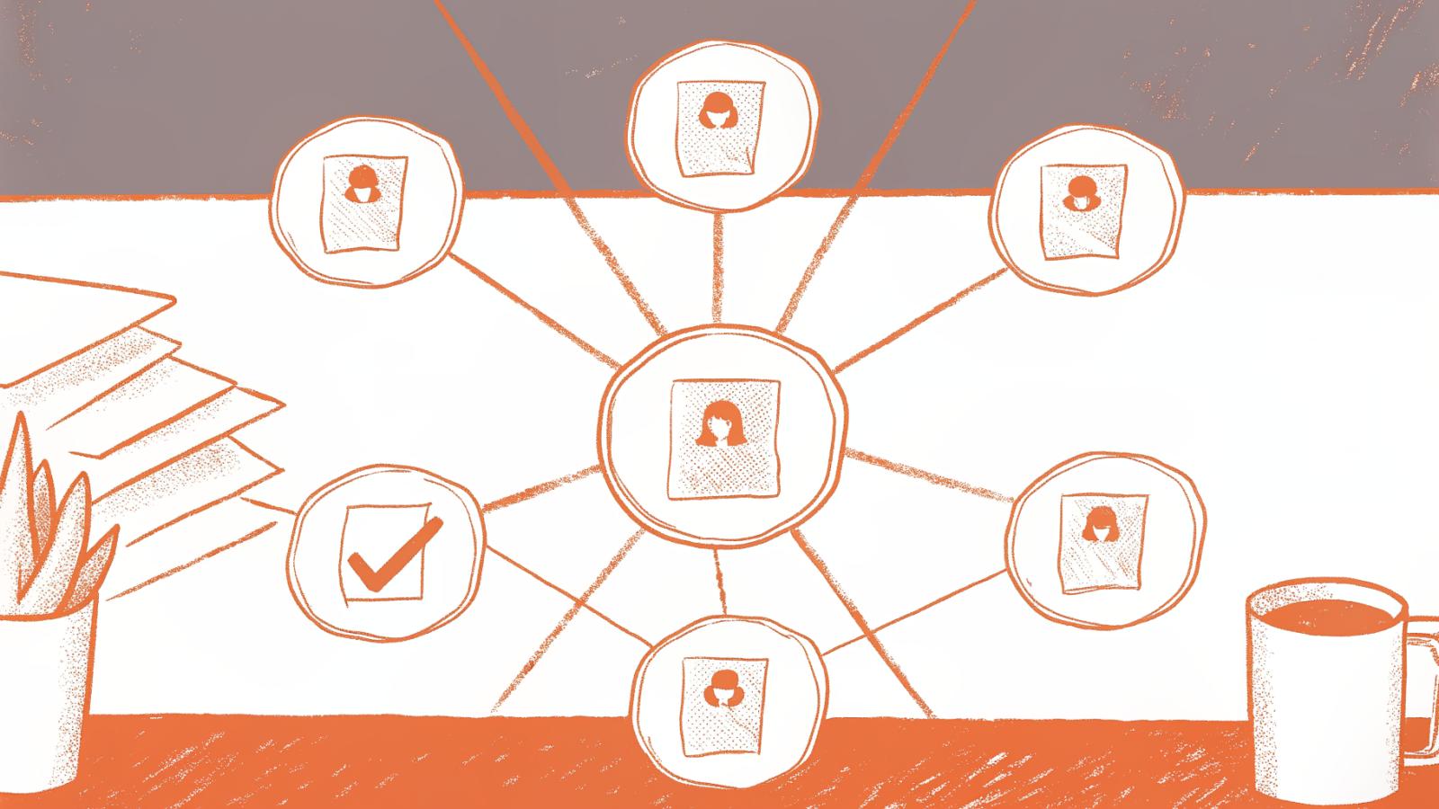 Legal AI answer cards linked by verified lines to a central primary source document node