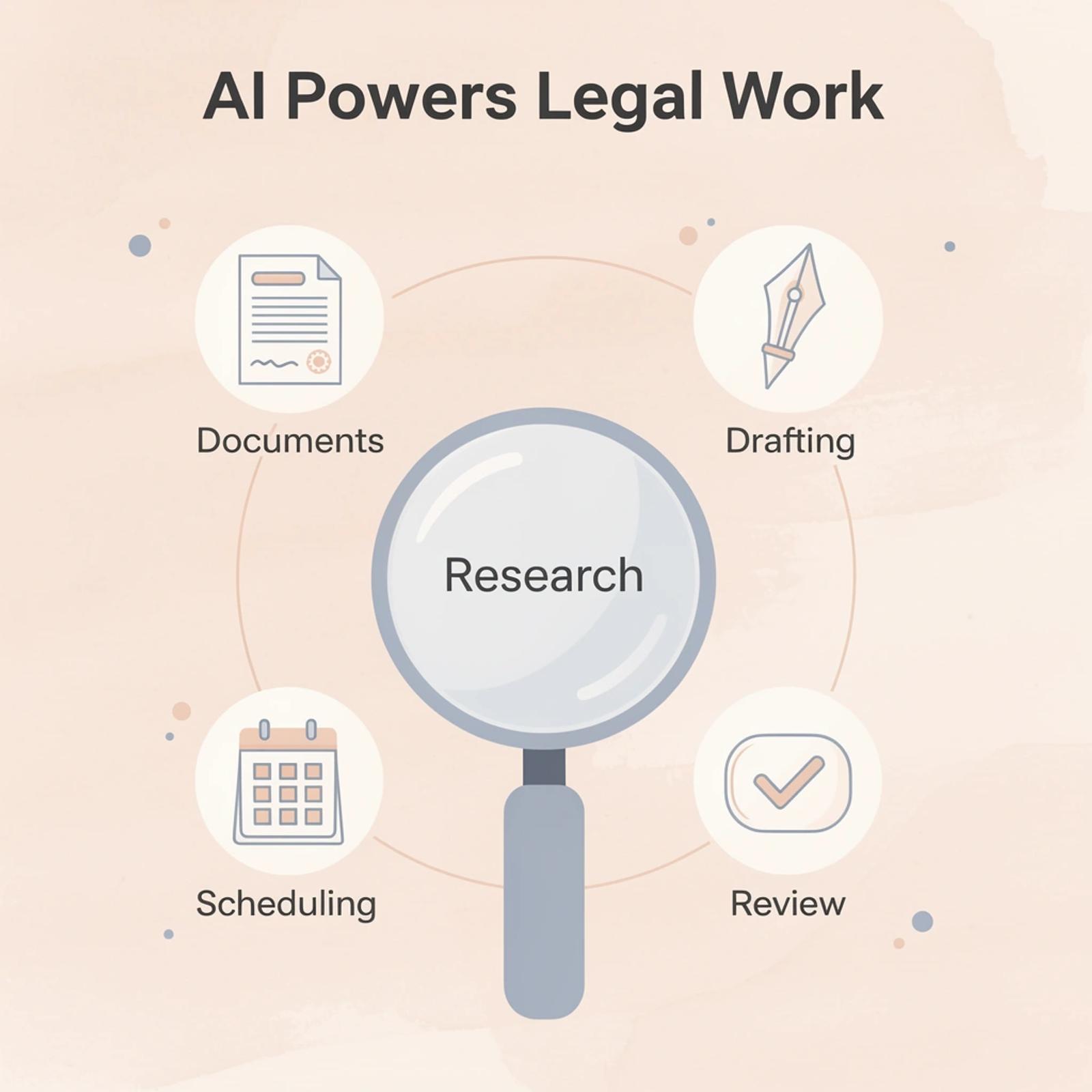 Hub and spoke infographic showing AI at the center powering five legal work areas