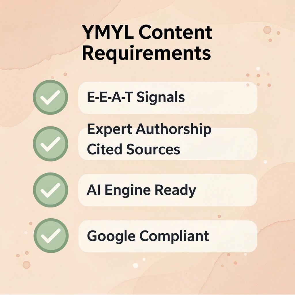 Checklist infographic showing YMYL content requirements for legal firms