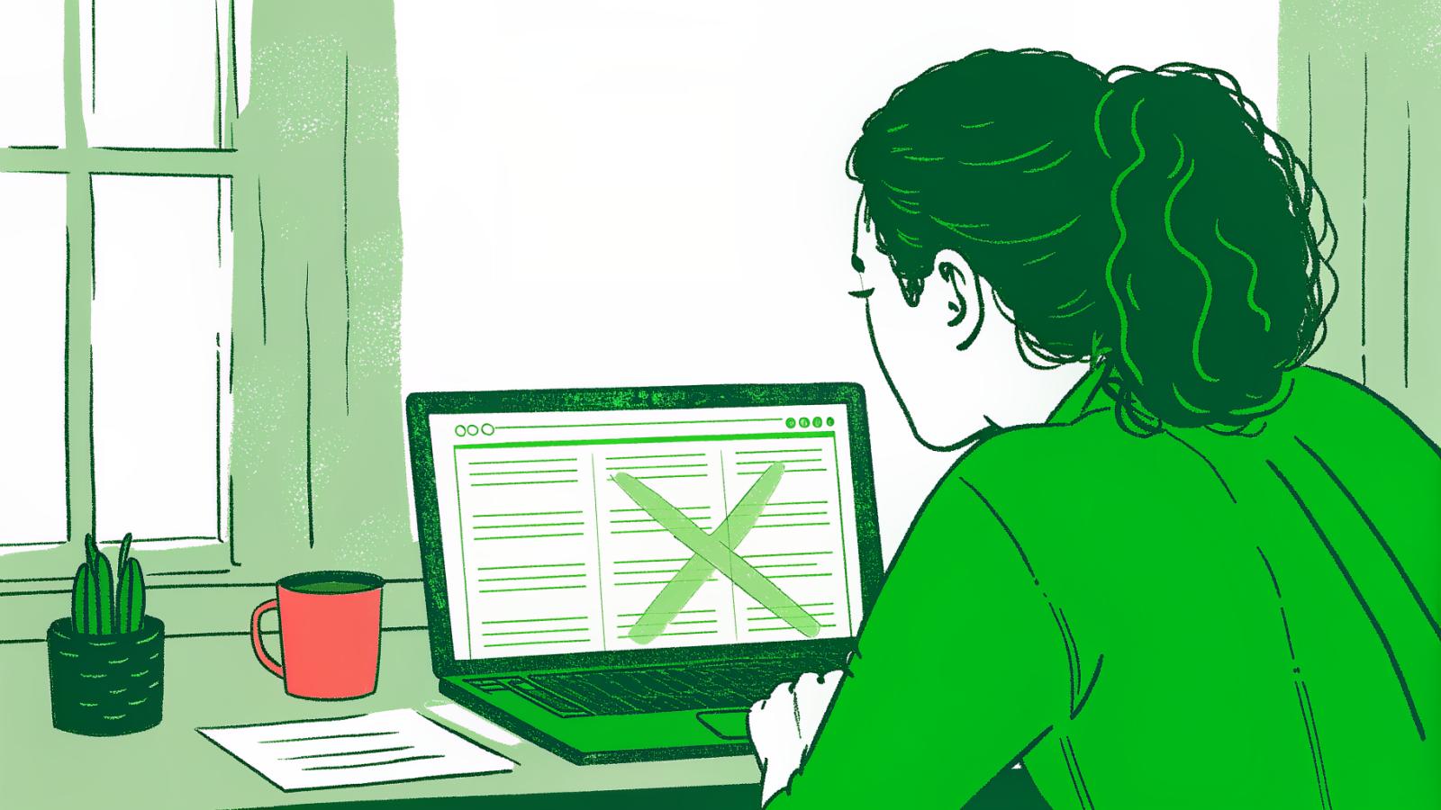 Paralegal reviews AI deposition citations on laptop, flagged error icon warns of a bad citation