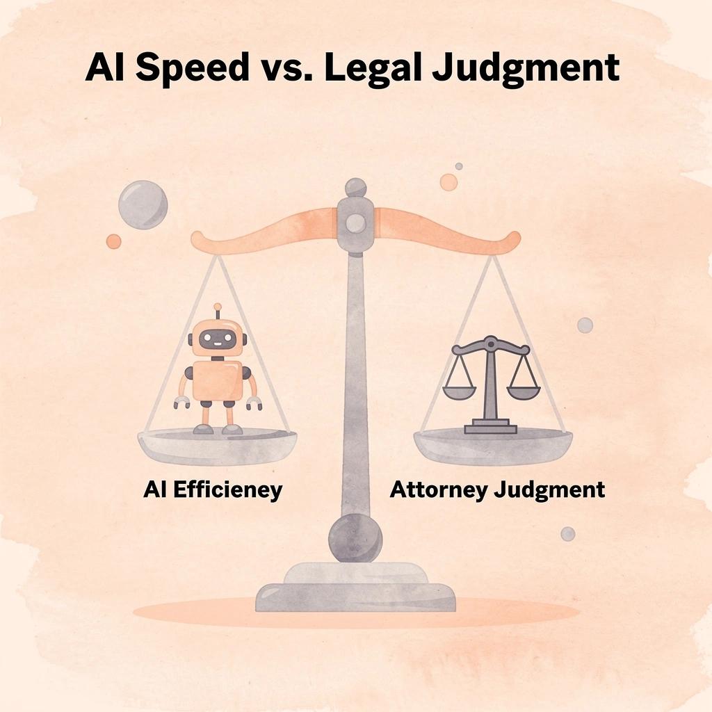 Balance scale comparing AI efficiency with attorney judgment