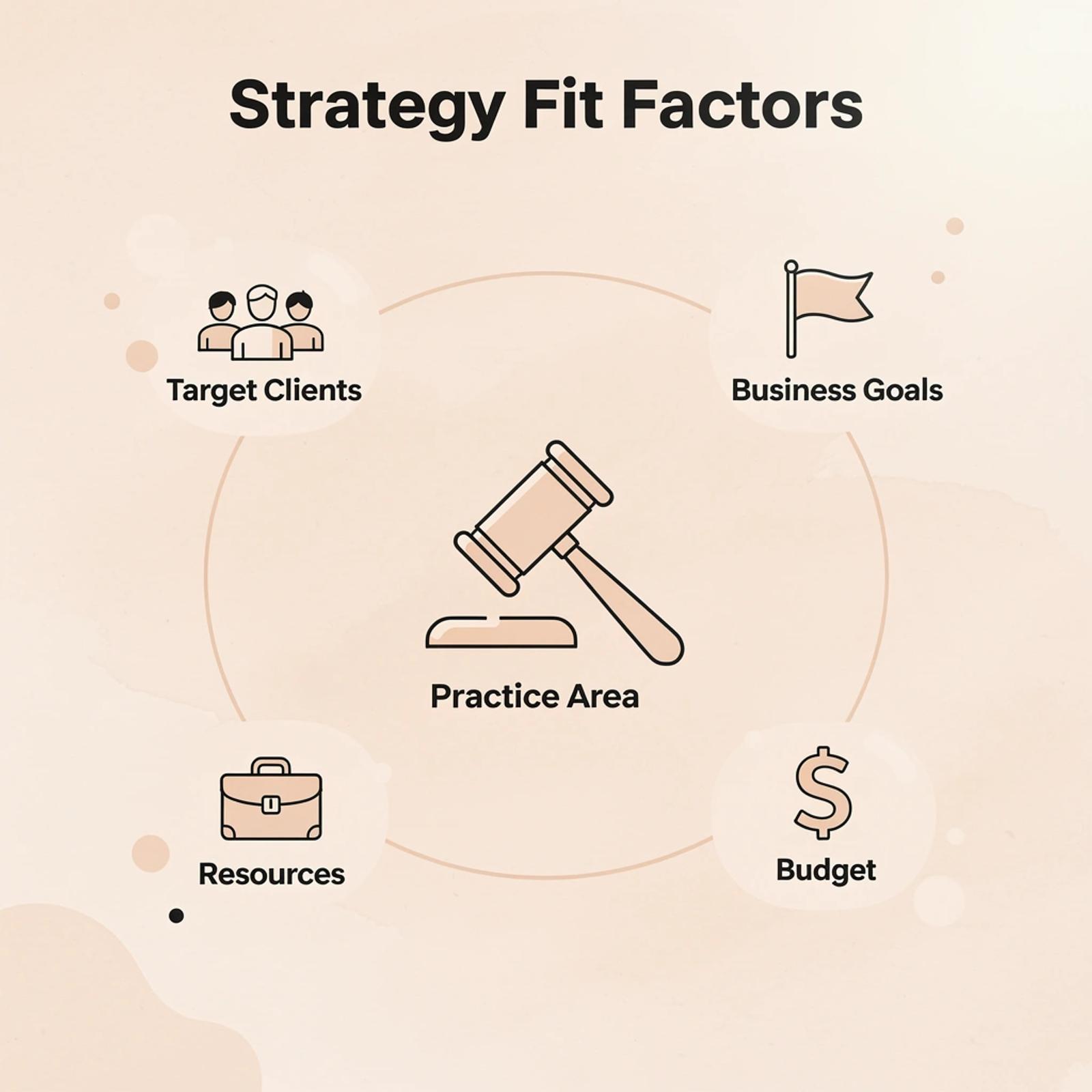 Hub and spoke infographic showing the four key factors that determine the right law firm marketing strategy