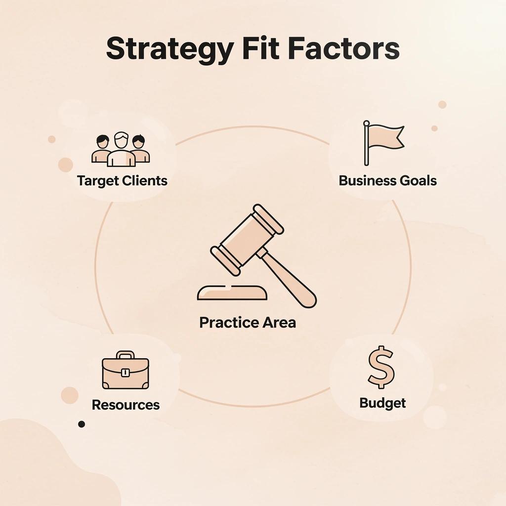 Hub and spoke infographic showing the four key factors that determine the right law firm marketing strategy