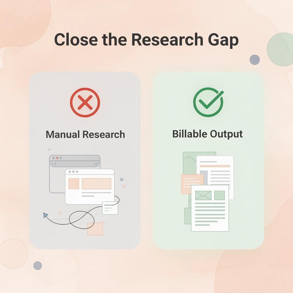 Before and after infographic showing the shift from manual research to billable output