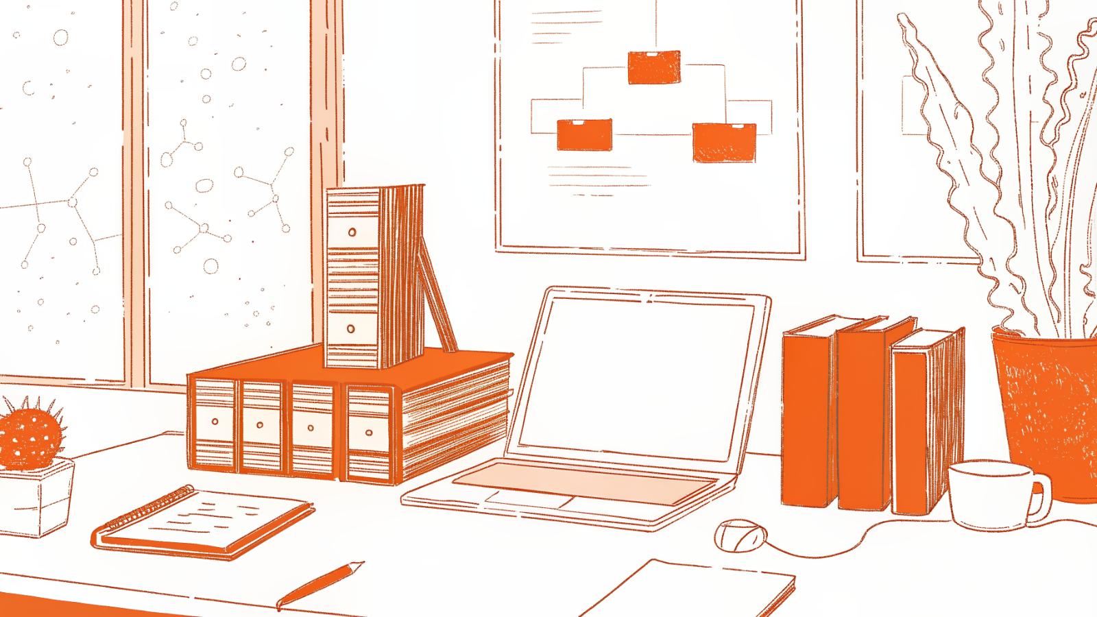 Solo attorney's desk with gavel, court hierarchy diagram, and legal case folders